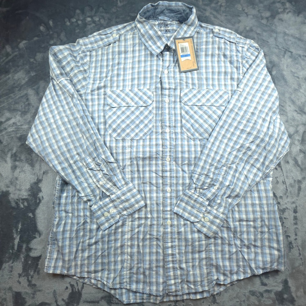 Izod Jeans Mens XL Blue Gingham Cotton Button Down Shirt Long Sleeve Epaulets